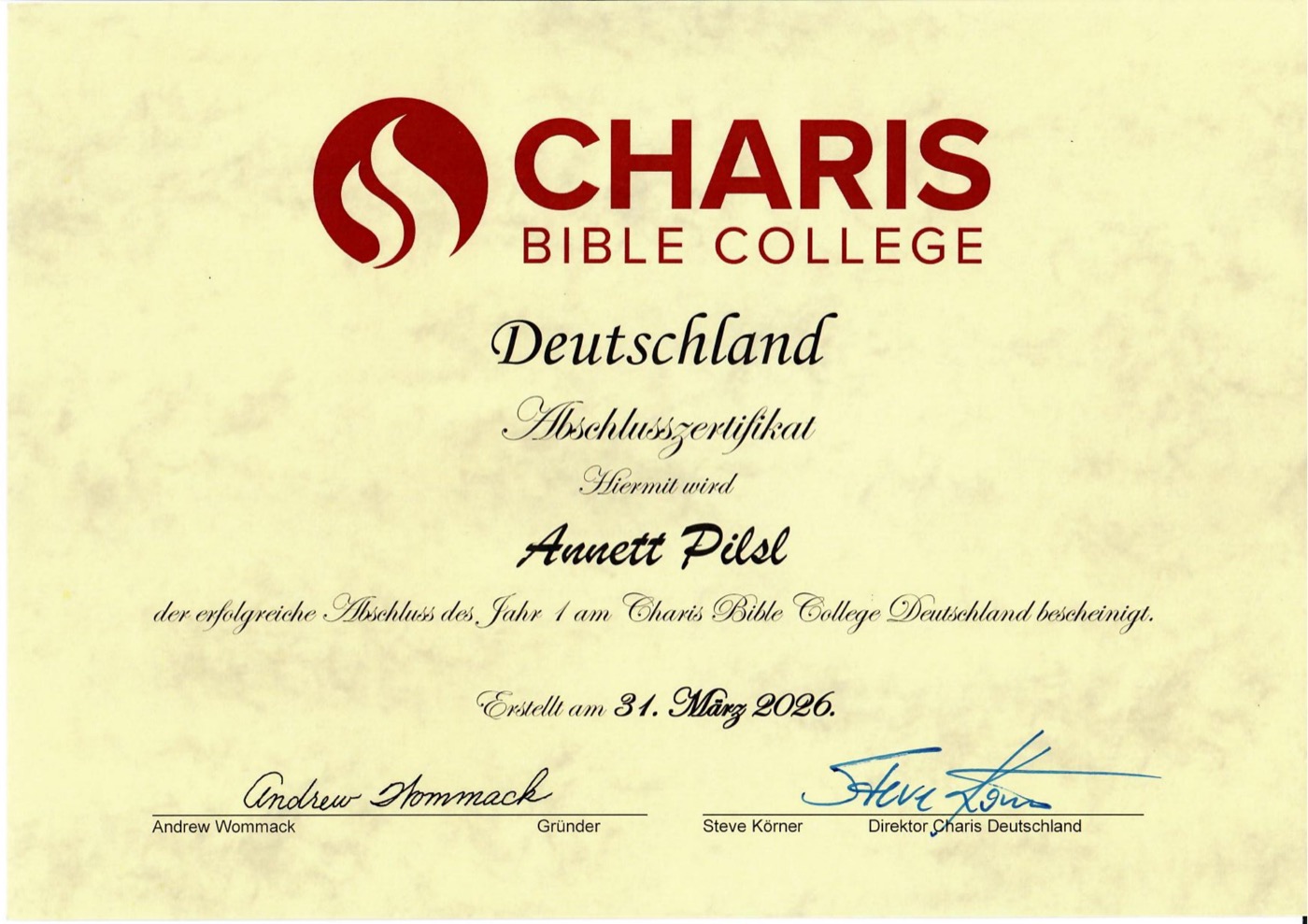 Charis Bible College Deutschland — Abschlusszertifikat Annett Pilsl, 31. März 2026